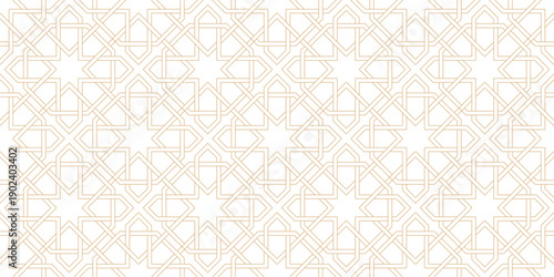 Interwoven golden lines, star shapes geometric Islamic seamless pattern. Luxury art deco linear Ramadan pattern.