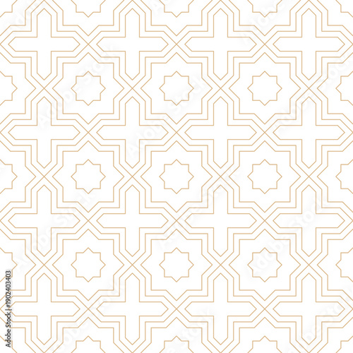 Golden star and cross seamless Islamic pattern. Geometric linear Ramadan background. Luxury art deco pattern.