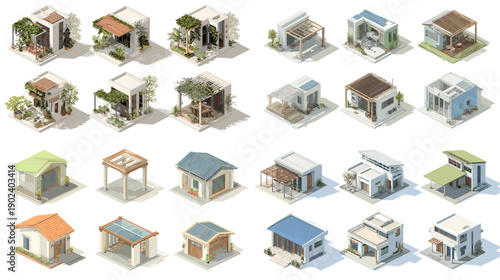 Isometric modern house illustrations with terraces gardens and flat roofs. Contemporary residential architecture ideal for housing visualization real estate marketing and design assets.