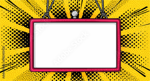 Pop art style blank sign on a vibrant yellow comic background with halftone d...