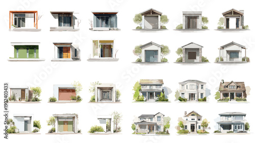 Collection of residential house and villa facades with balconies porches and gardens. Suburban architecture designs suitable for housing projects real estate and landscape visuals.