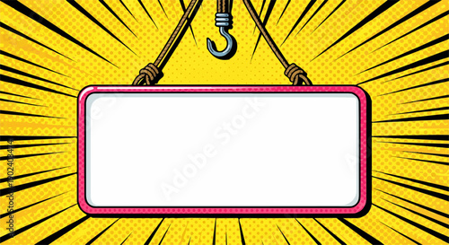 Blank pop art comic sign hanging on a hook with radial background.