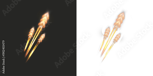 Glowing golden arrow light streaks shooting upward with motion blur and fiery trails, symbolizing speed, growth, success, and dynamic movement on dark or transparent backgrounds.