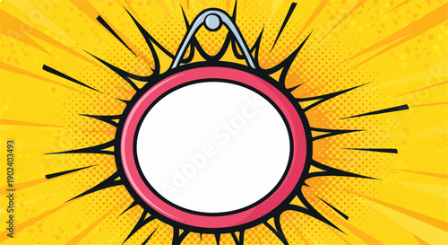 Vibrant pop art background with blank oval frame, comic book style design.
