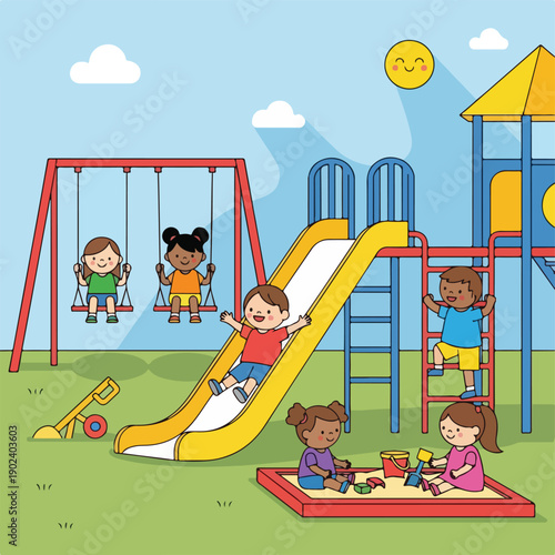 A cheerful illustration of children playing on a colorful playground