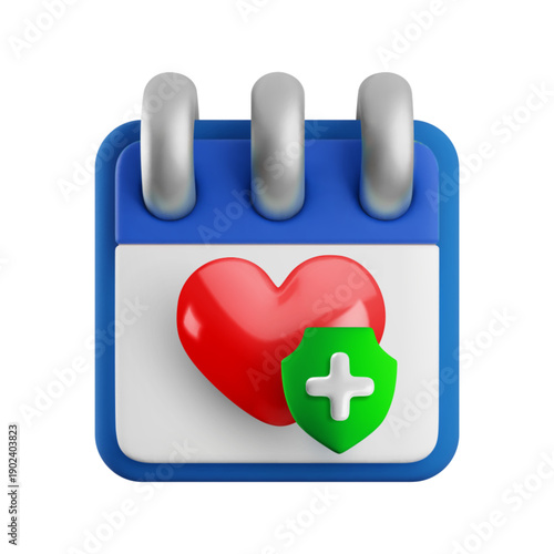 Vector cartoon 3d health protection and medical care planning icon. 3d render of calendar, heart, shield with plus sign. Medicine schedule, insurance reminder, healthcare planner symbol for web, app.