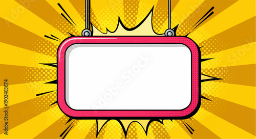 Pop art style blank sign on a vibrant yellow comic background with explosion ...