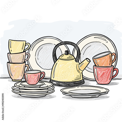 Illustration of colored kitchen utensils: teapot, cups, plates in a naive children's style for home decor and culinary publications