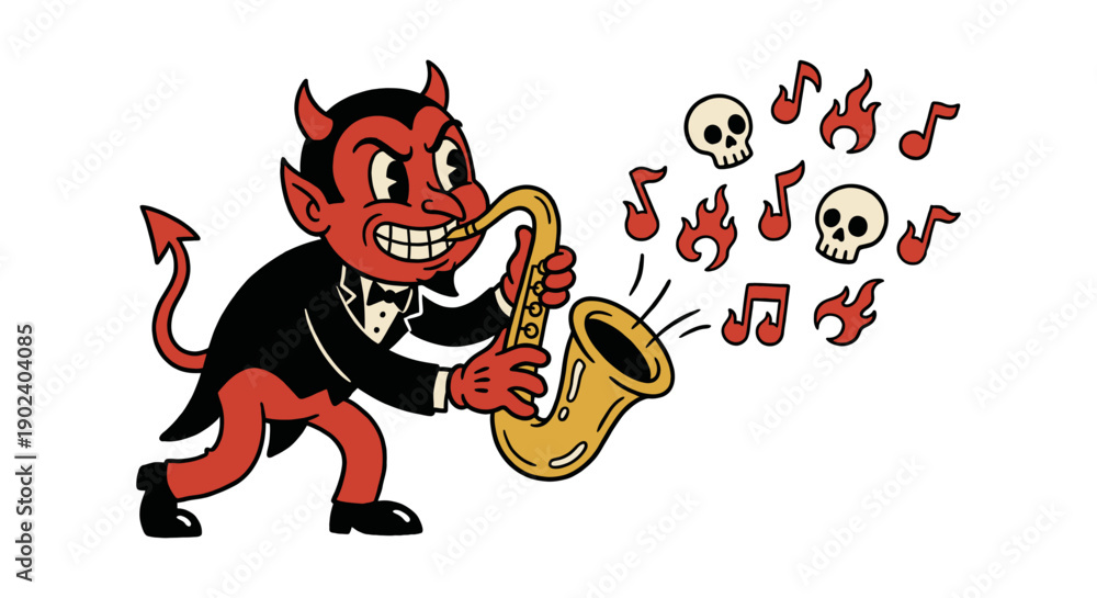 Φωτογραφία Retro 30s cartoon devil mascot character playing saxophone with fire and skull notes