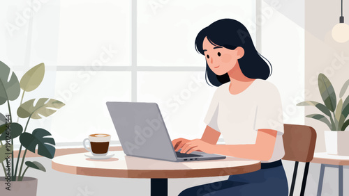 A woman is sitting at a table with a laptop and a cup of coffee. She is typing on the laptop and she is focused on her work. Concept of productivity and concentration