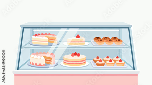A display case full of cakes and pastries. The cakes are arranged in rows and the pastries are in a separate section