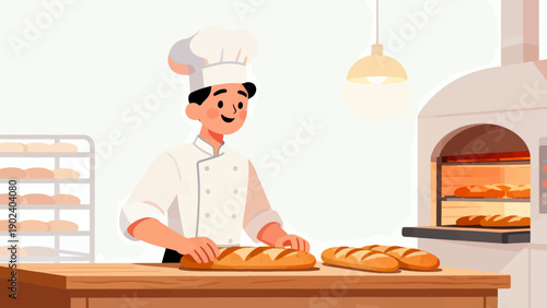 A chef is making bread in a bakery. The bread is in the oven and the chef is smiling