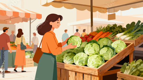 A woman is shopping for vegetables at a market. She is holding a head of cabbage. There are other people shopping in the market as well