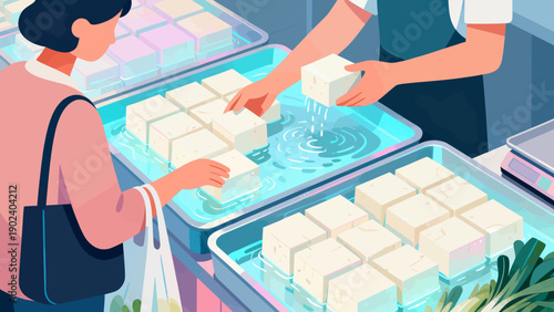 A woman is buying food from a man. The man is holding a block of cheese and sprinkling it with salt