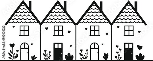Whimsical houses vector with hearts flowers plants and charming decorative design for love family home and celebration themes