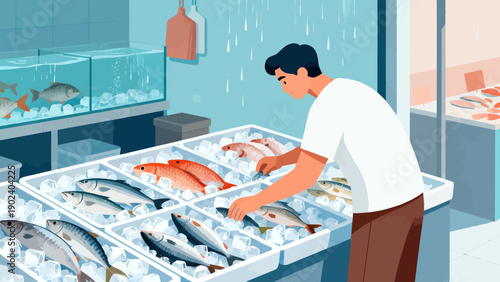 A man is working in a fish market, surrounded by a variety of fish. The atmosphere is busy and bustling, with the man carefully selecting fish for customers. Concept of freshness and abundance