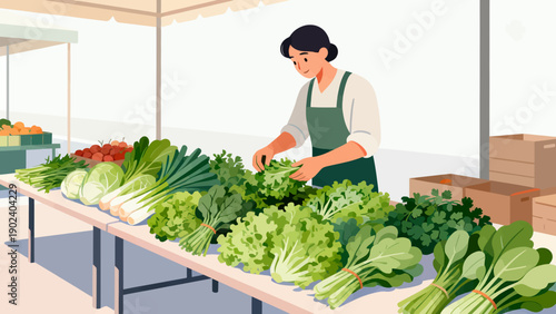A woman is cutting vegetables at a market. The vegetables are fresh and colorful, including lettuce, broccoli, and carrots. The market is bustling with activity, and the woman is focused on her task