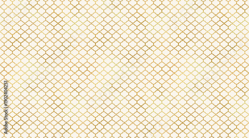 Moroccan pattern horizontal background. Shiny gold Islamic wallpaper. Mosque window golden grid mosaic texture on beige background for cover, decoration, print, backdrop.