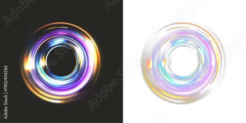 Abstract multicolor glowing ring with smooth light trails and vibrant neon hues, forming a dynamic circular energy loop on dark and transparent backgrounds.