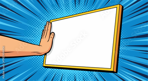 Pop art hand pushing blank board with copy space on vibrant blue comic backgr...