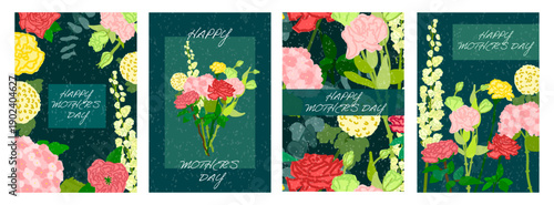 A set of four vector posters designed for Mothers Day. Blooming flowers as roses, carnations, chrysanthemums, hydrangeas, and snapdragons. Greeting cards, social media stories, vertical print posters.