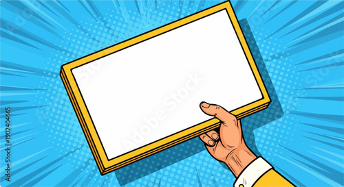 Pop art hand holds a blank sign, vibrant comic book background with copy space.