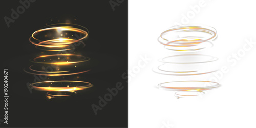 Abstract golden light rings stacked in a vertical glow, with shimmering particles and smooth circular trails, creating a futuristic energy column on dark and transparent backgrounds.