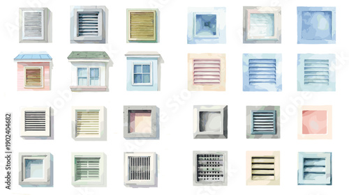 Window shutter and ventilation panel illustrations in various colors and styles. Architectural facade elements perfect for renovation projects housing design and graphic resources.