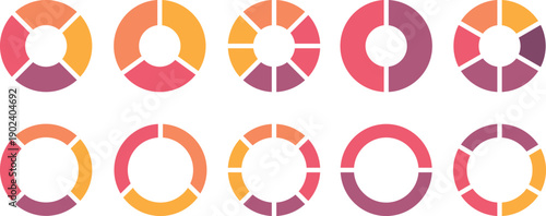 Pie chart set. Colorful diagram collection with 3,4,8,6,12,5 sections or steps. Circle icons for infographic, UI, web design, business presentation. Vector illustration.
