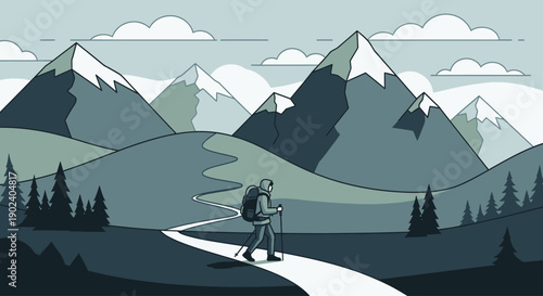 Hiker walking on a mountain trail surrounded by tall pine trees and towering peaks under a cloudy sky.