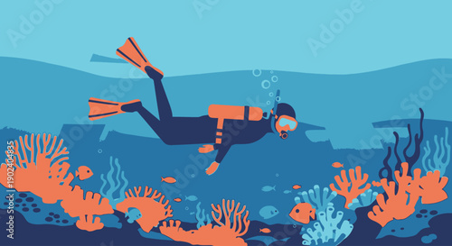 Scuba diver exploring vibrant coral reef underwater in clear blue ocean.