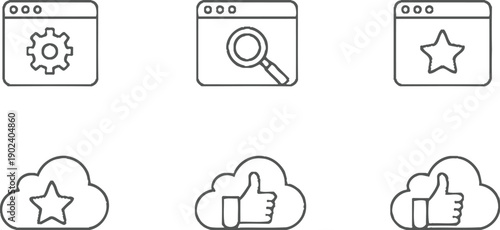 Web interface line vector icons set with browser windows settings search favorites and cloud approval thumbs up minimal design