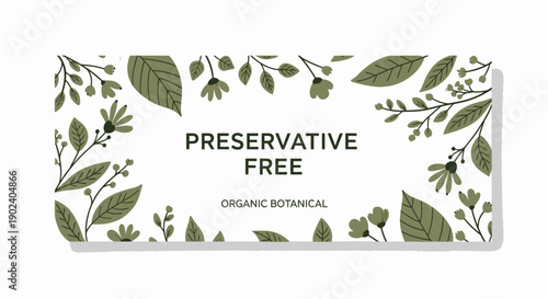 Organic botanical label design with green leaves and preservative free text.