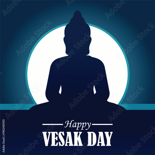 Happy Vesak Day greeting with Buddha silhouette and full moon background