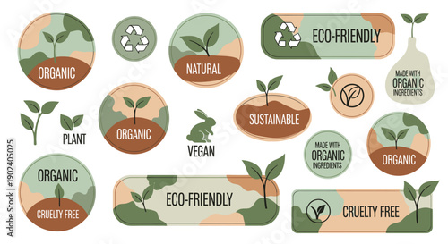 Collection of eco-friendly and organic lifestyle icons with sustainable and vegan themes.