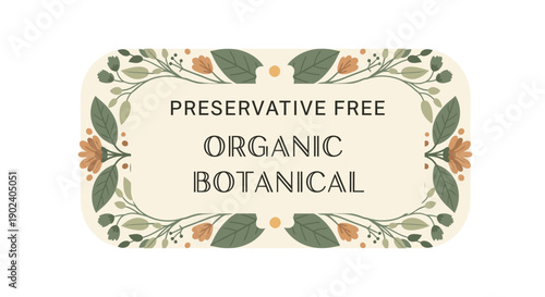 Organic botanical label with preservative free text and floral decorative border.