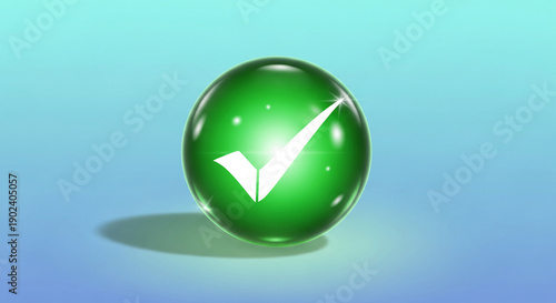 Image of a green sphere with a white check mark, representing approval, completion, and positive validation against a blue gradient background