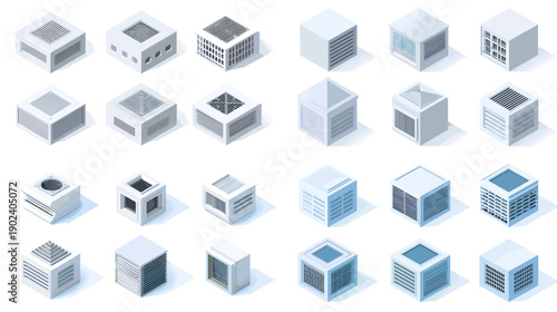 Isometric cube building illustrations with clean modern architectural style. Modular residential structures ideal for city planning real estate concepts and infographic visuals.