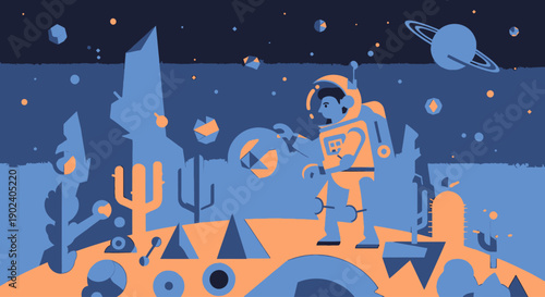 Astronaut exploring an alien desert landscape with planets and stars in the background.