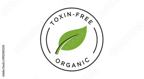 Organic toxin-free product label with green leaf icon in circular design.