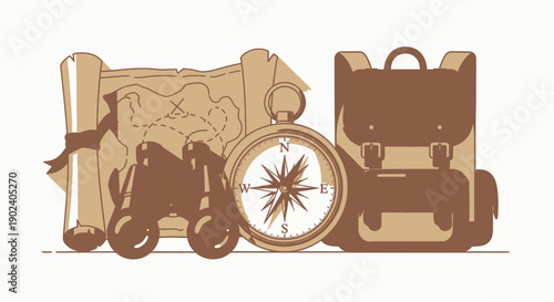 Set of vintage travel and exploration items including map, binoculars, compass, and backpack.