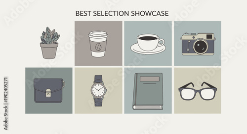 Collection of lifestyle and leisure icons including plants coffee camera and accessories.