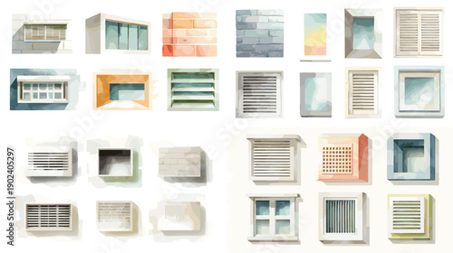 Collection of architectural windows and wall openings in multiple styles and colors. Facade design elements suitable for residential buildings construction concepts and graphic resources.