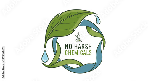 Eco friendly label with green leaves and water droplets symbolizing no harsh chemicals.