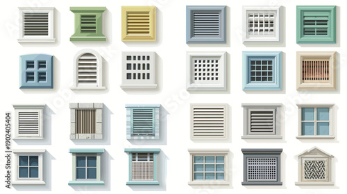 Collection of decorative window and ventilation grilles in various styles and colors. Architectural facade elements ideal for residential buildings renovation projects and design resources.