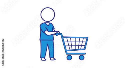 Person pushing a shopping cart vector illustration, simple flat design, e-commerce and retail concept, isolated on white background