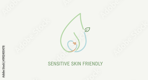 Minimalist logo design representing sensitive skin friendly product with leaf and gentle touch.