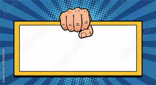 Pop art hand holding blank banner on a retro blue comic background with halft...