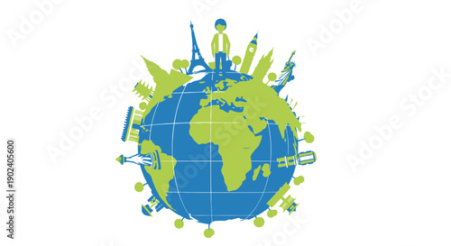 Green sustainable energy and environmental conservation concept with globe and renewable energy icons.