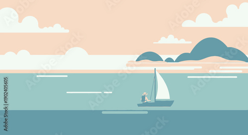 Sailboat gliding on calm ocean waters with distant mountains under a pastel sky.